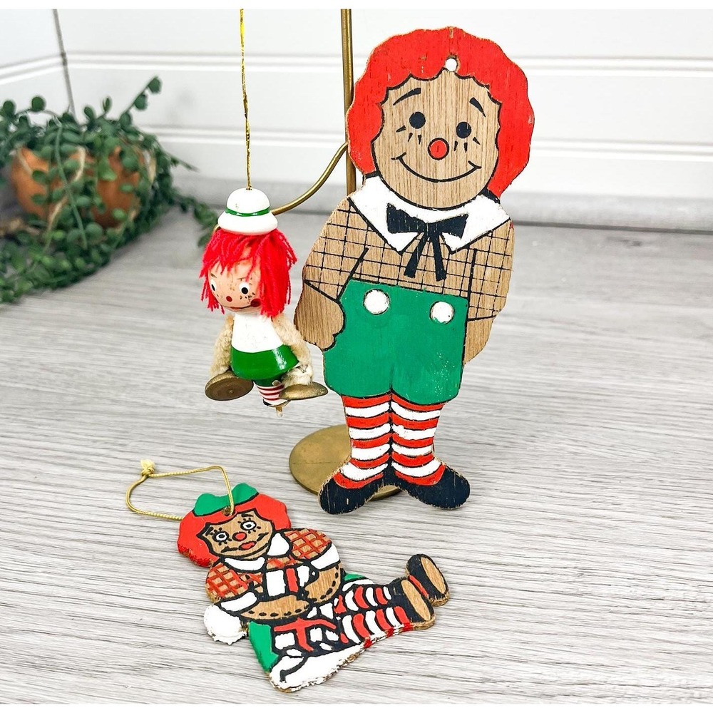 Vintage Wooden Christmas Raggedy Anne Doll Ornament Set of 3
